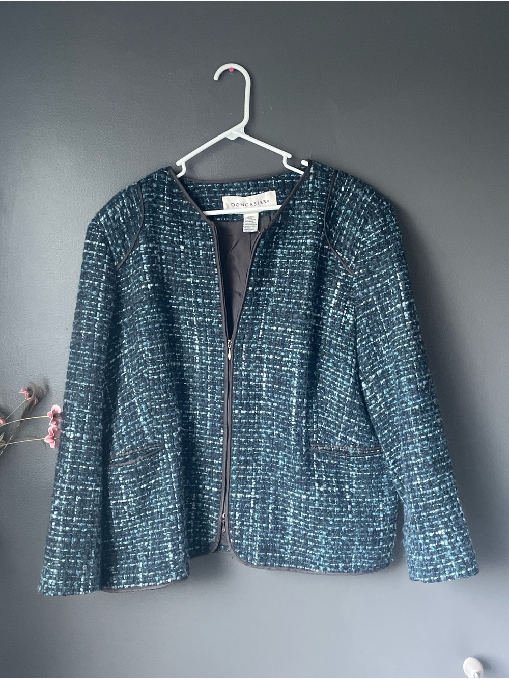 Doncaster Textured Tweed Jacket Blazer Blue Green Zip Front Women’s 20W Plus